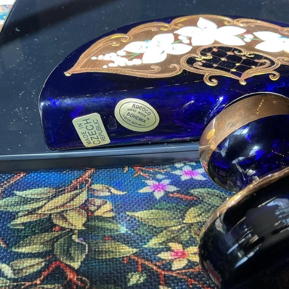 Czech Bohemian 24K Gold Enamel Cobalt Blue Art Glass Napkin Holder Pedestal